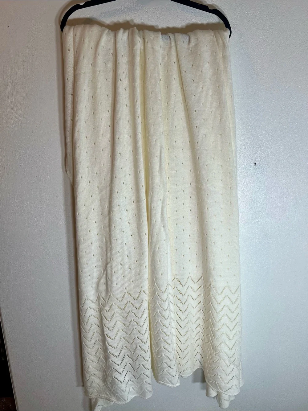 Cream Ivory Open Knit Throw Blanket with Chevron Border